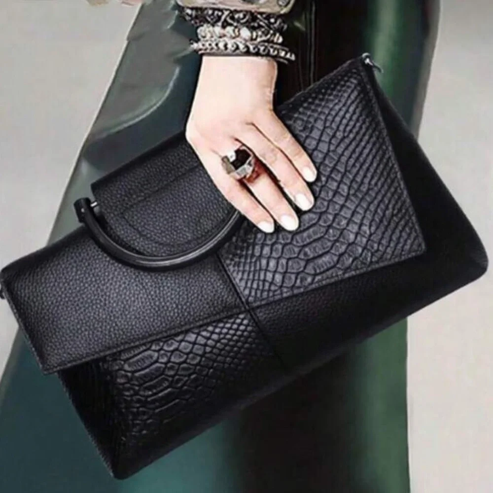 Black Textured Fold-Over Clutch Bag